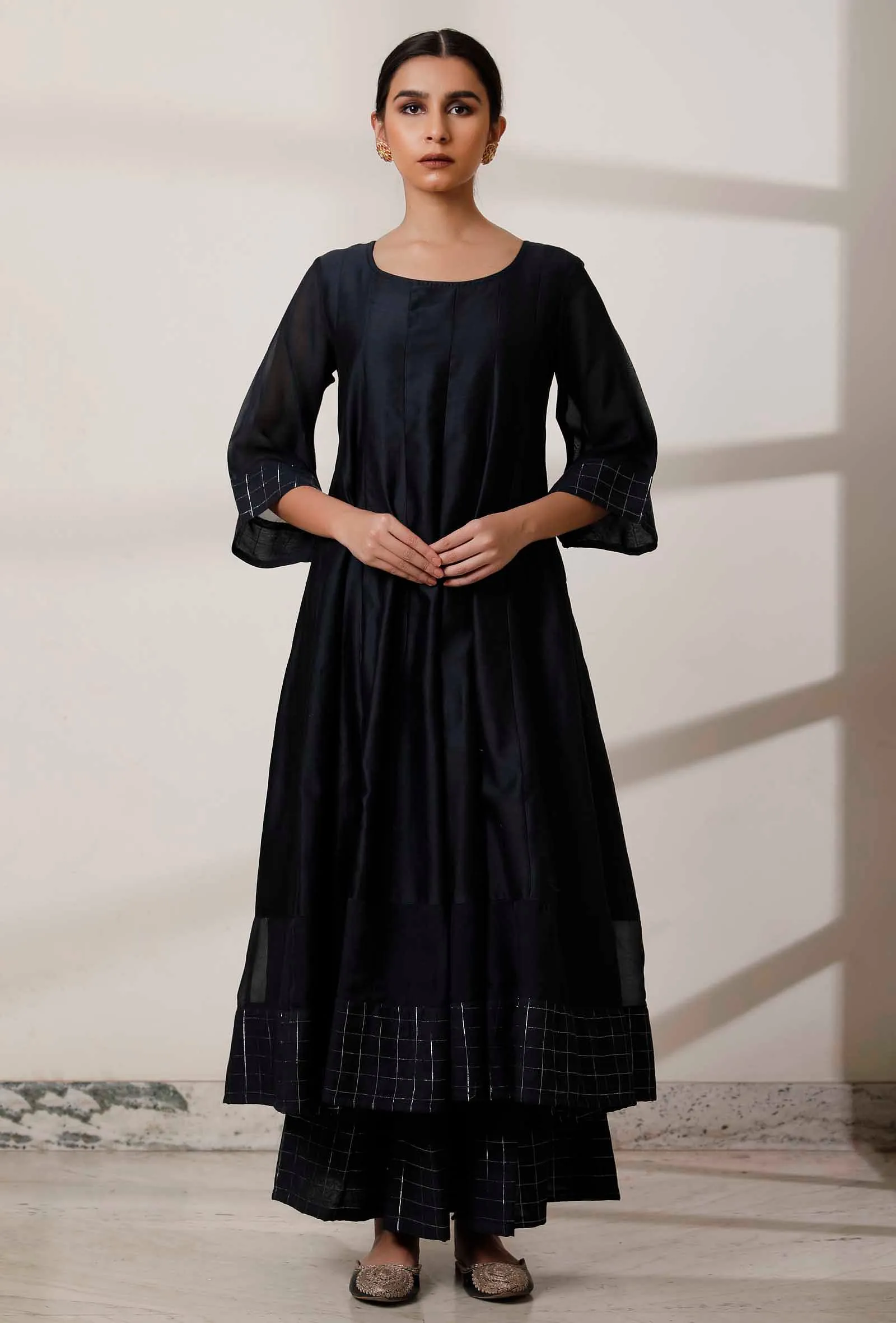 Set of 3: Black Kalidar Kurta with Palazzo with Blue Kani Dupatta