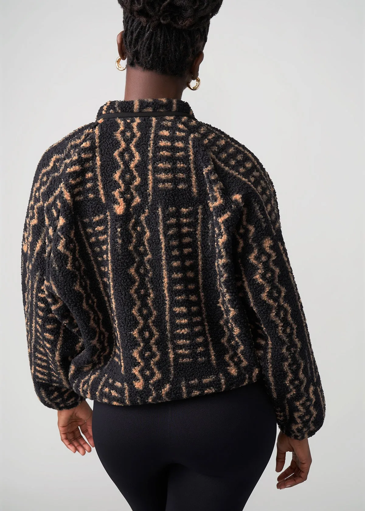 Sisi Women's African Print Teddy Fleece Jacket (Tan Tribal Lines)