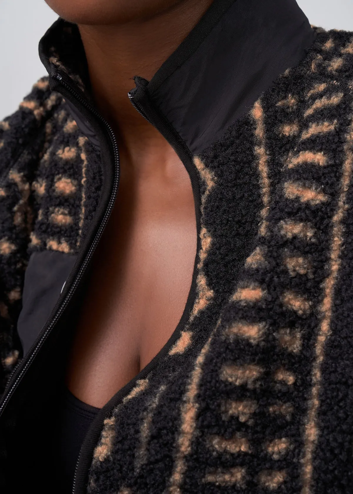 Sisi Women's African Print Teddy Fleece Jacket (Tan Tribal Lines)