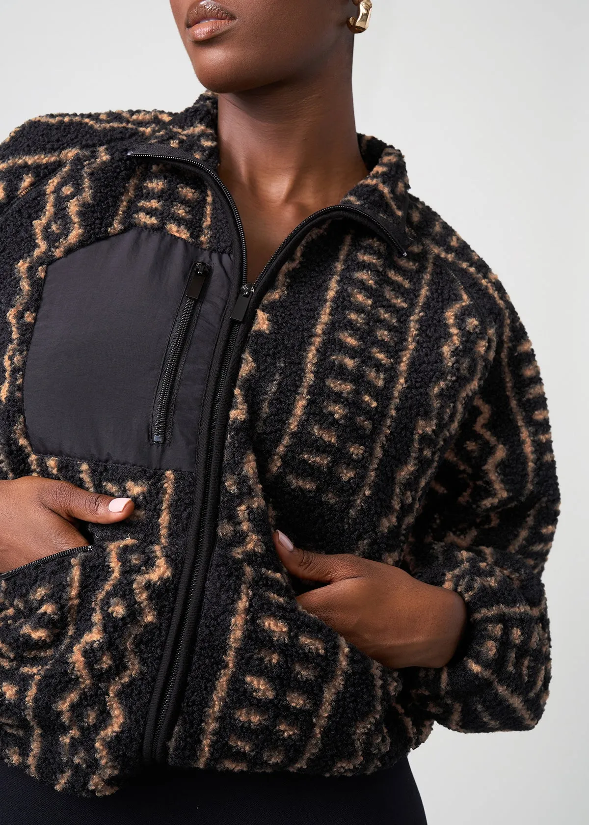 Sisi Women's African Print Teddy Fleece Jacket (Tan Tribal Lines)