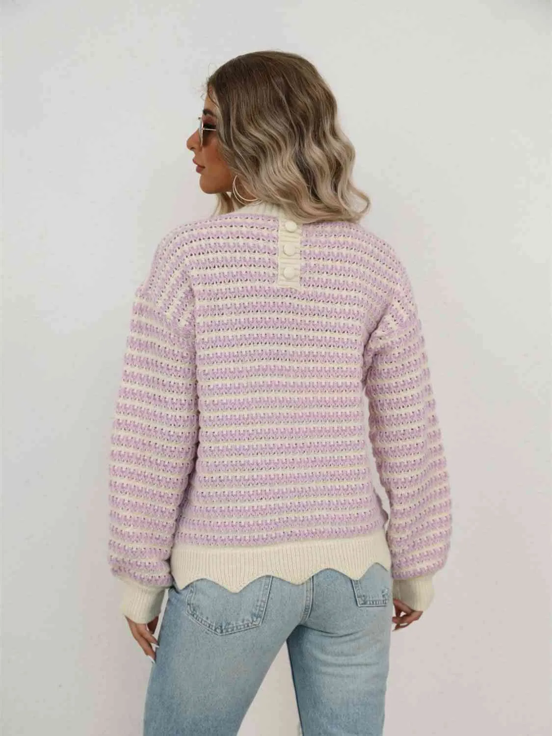 Striped Buttoned Round Neck Sweater