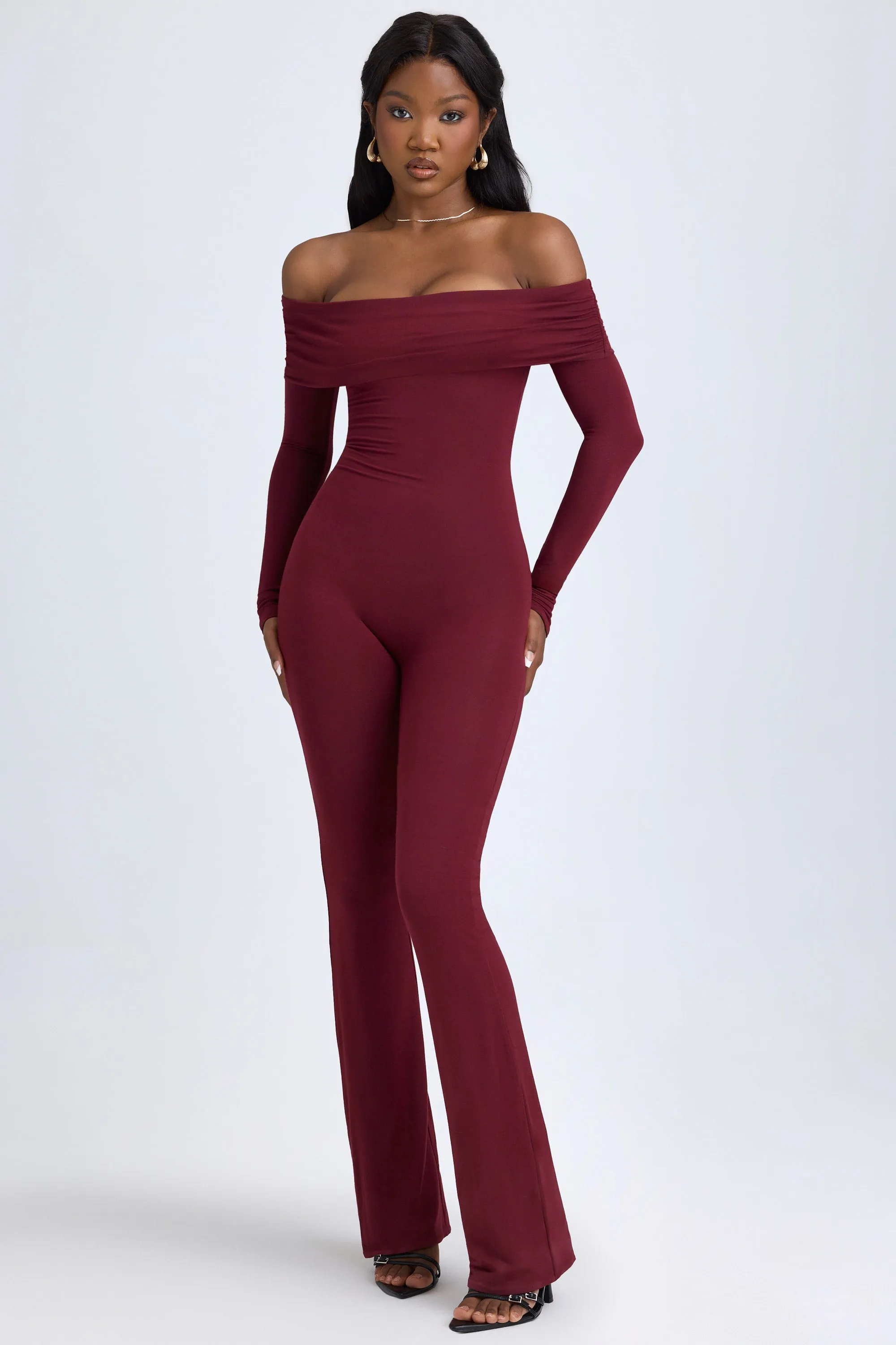 Tall Modal Off-Shoulder Ruched Jumpsuit in Wine Red