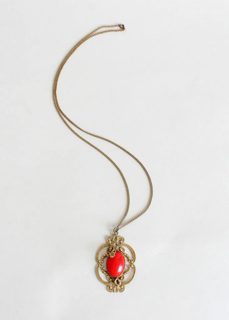 Vintage 1930s Red Glass and Brass Pendant Necklace