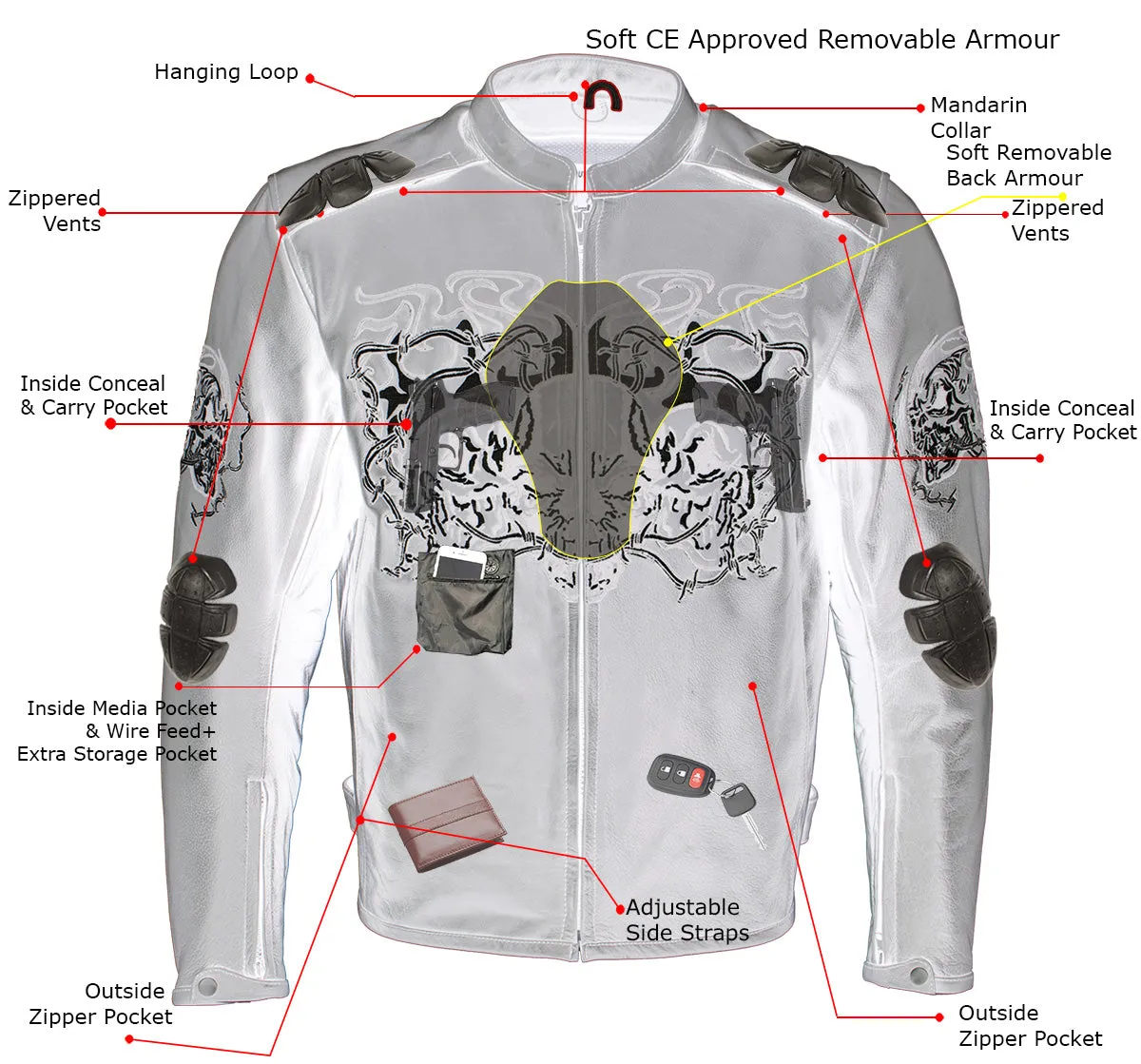 Xelement B95010 Men's 'Bones' Black Armored Cruiser Motorcycle Jacket