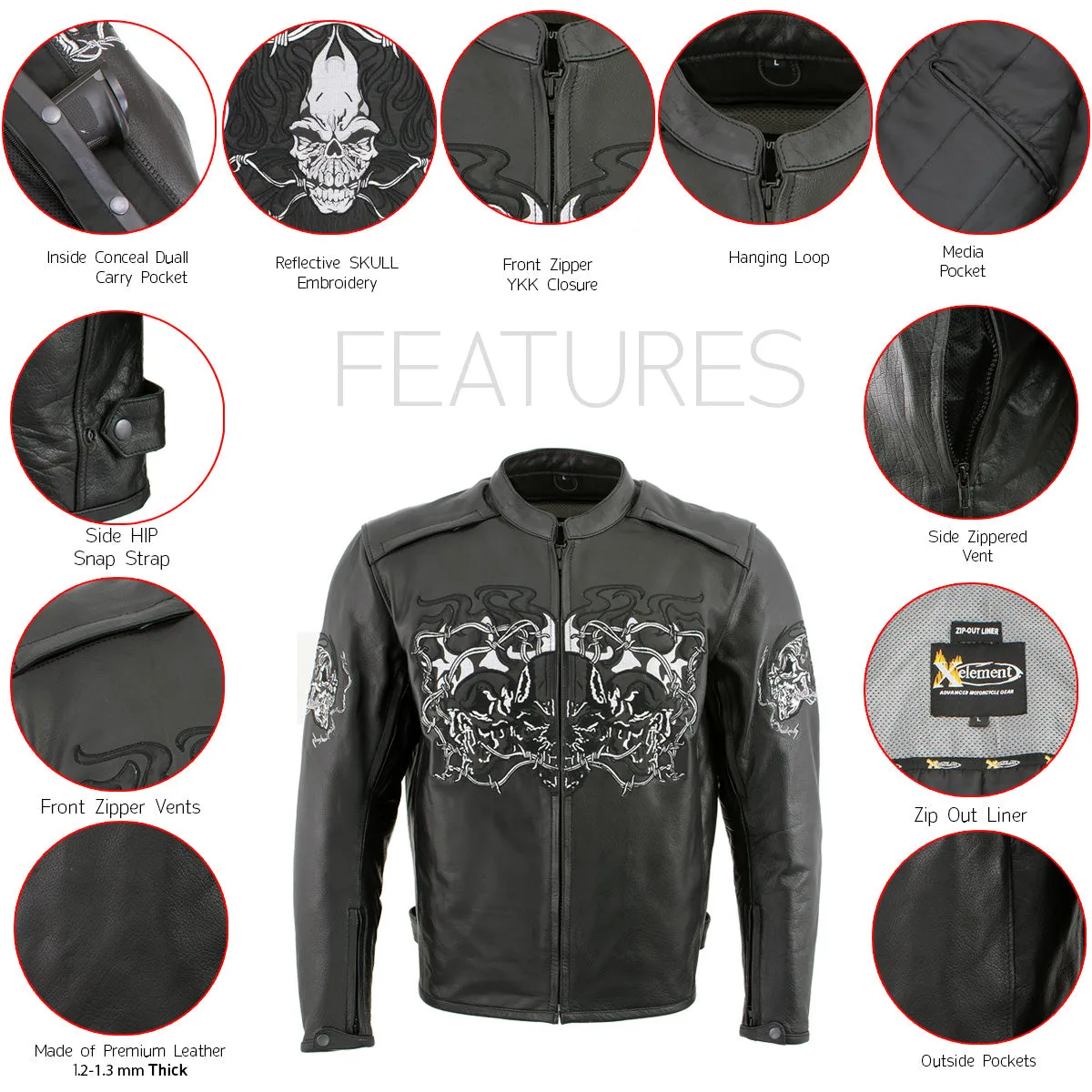 Xelement B95010 Men's 'Bones' Black Armored Cruiser Motorcycle Jacket