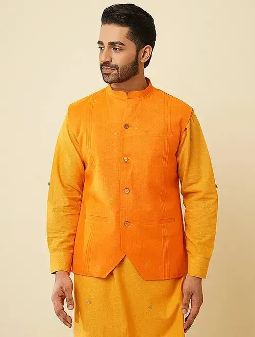 Yellow Kantha Cotton Nehru Jacket
