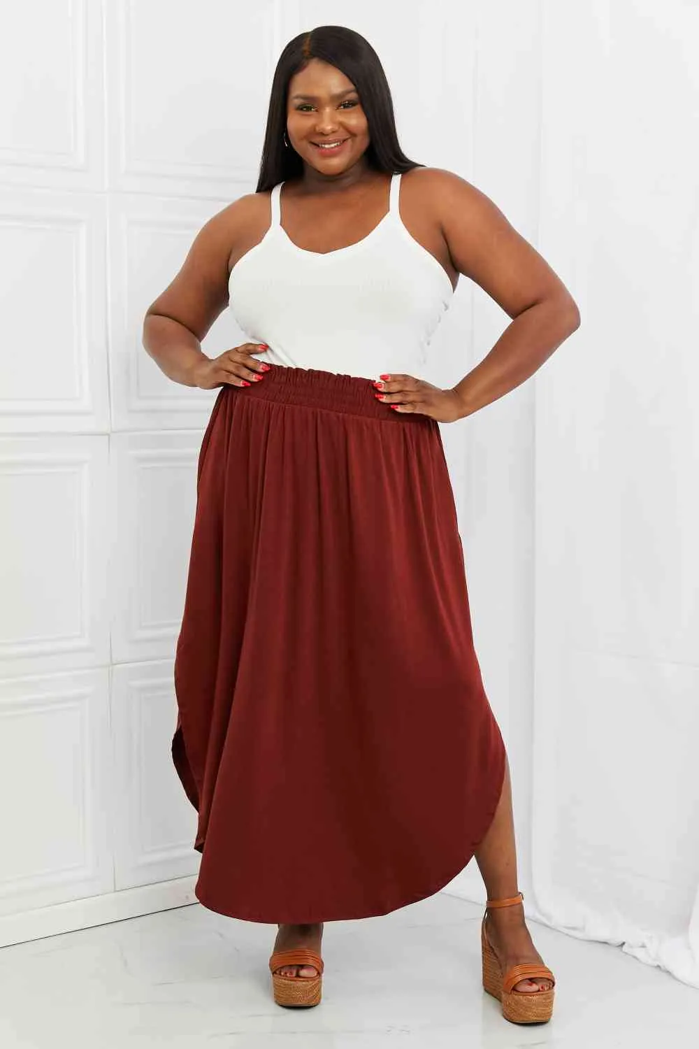 Zenana It's My Time Full Size Side Scoop Scrunch Skirt in Dark Rust